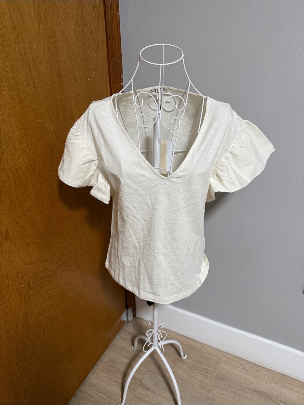 Cream V-Neck Puff Sleeve Tee by Not Rated